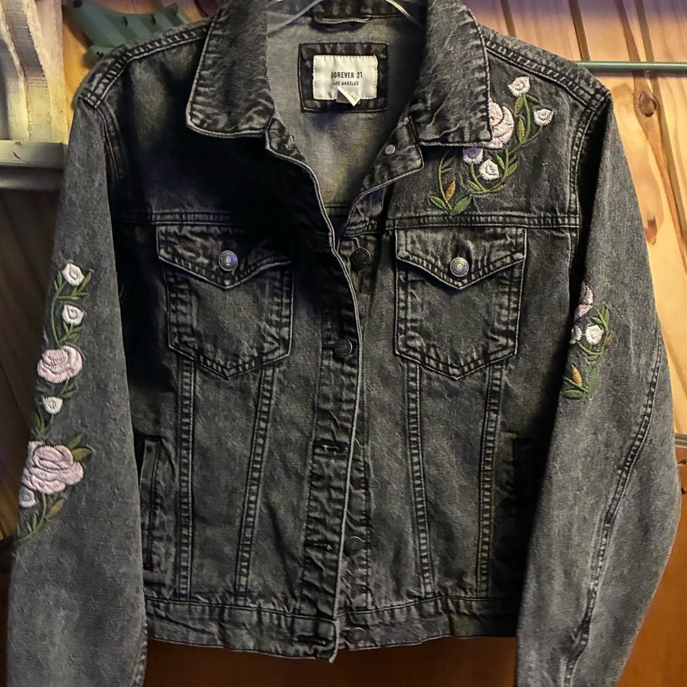 Forever 21 Gray Denim Jacket with Floral Embroidery